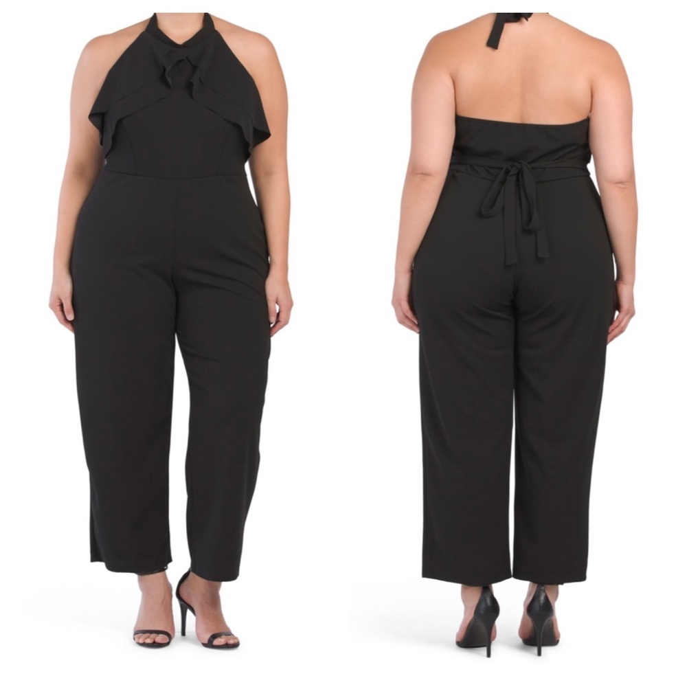 Bebe Double Ruffle Crepe Halter Jumpsuit Black Size 2x
